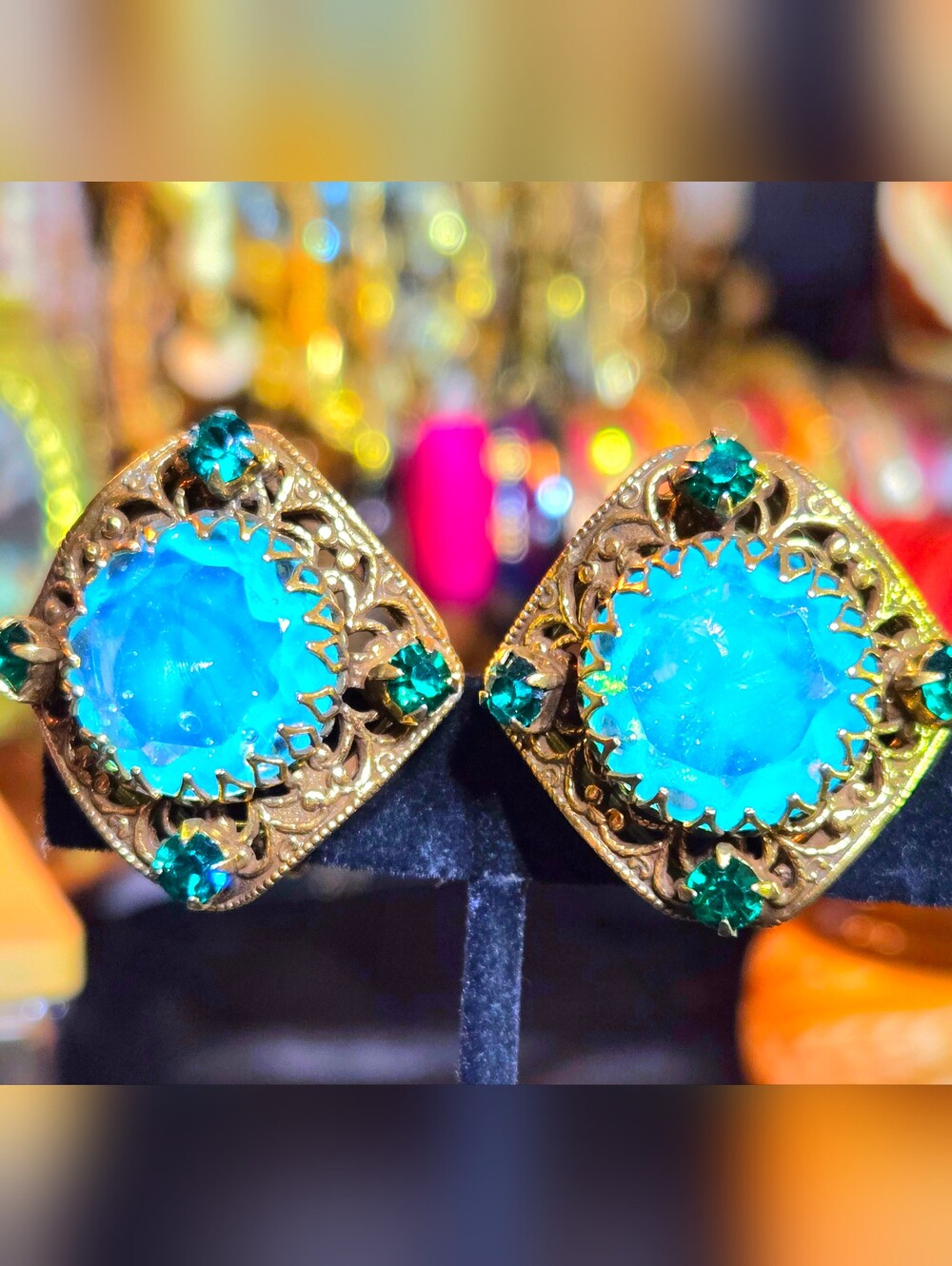 Vintage 🩵Blue Glass Opaline🩵 Etruscan & Emerald Rhinestone Clip On Earrings